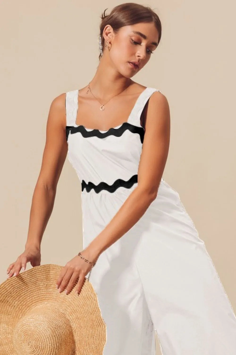 Ivory/Black So Me Scallop Ric Rac Trimmed Wide Leg Jumpsuit
