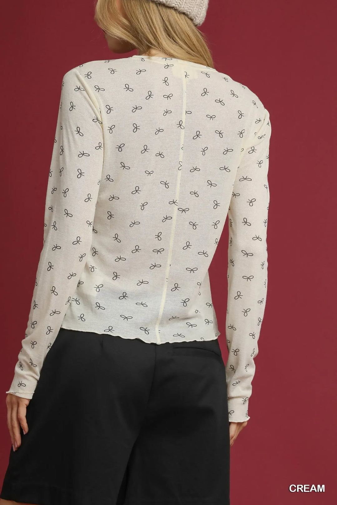 Cream Umgee Bow Print Lightweight Knit Top 1