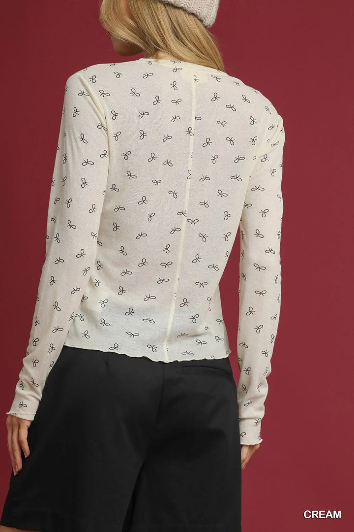 Cream Umgee Bow Print Lightweight Knit Top 1