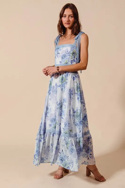 So Me Floral Print Flowy Maxi Dress With Lace Ribbon Tie