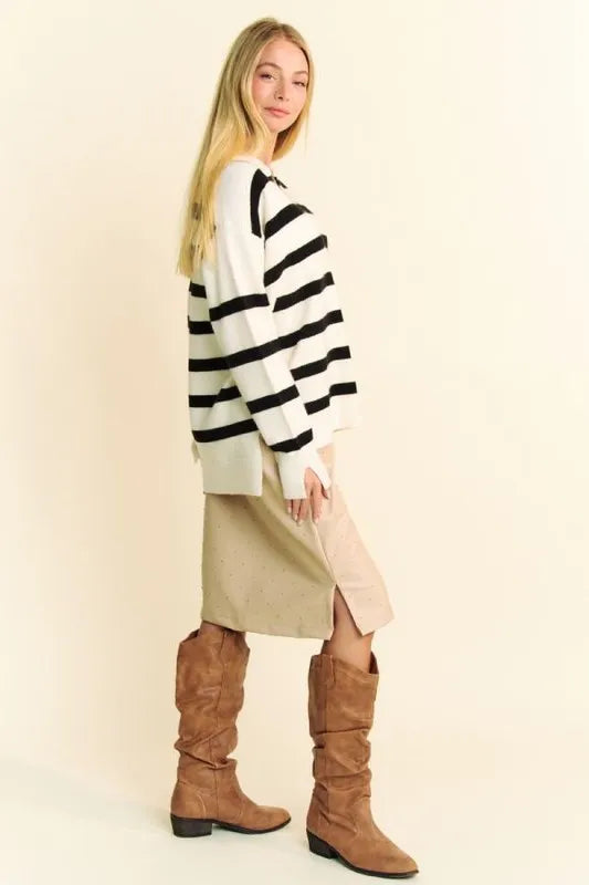 White Davi Dani High Low Side Slit Striped Johnny Collar Sweater