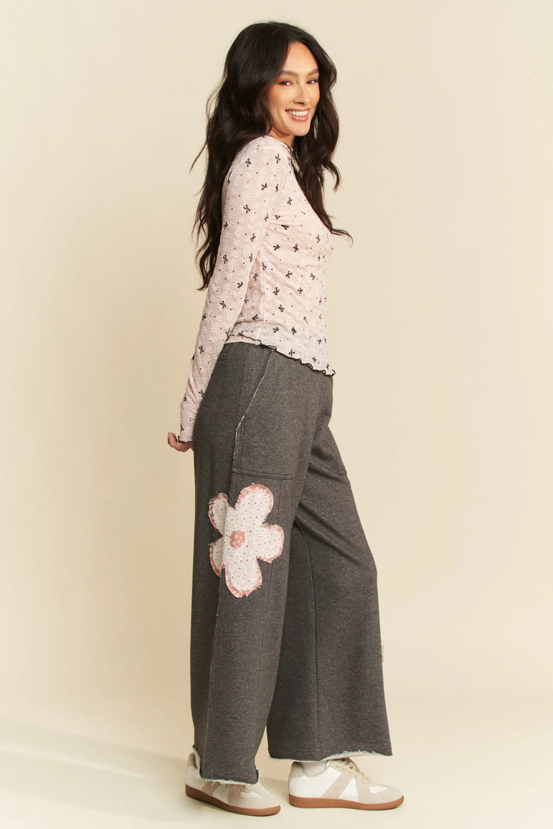 Davi Dani Ribbon Bow Lace Hem Long Sleeve Mesh Layering Top