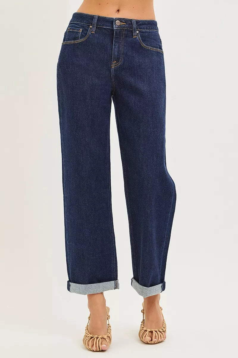 Solid Dark Risen Slouchy Cropped Boyfriend Jeans With Cuffed Hem