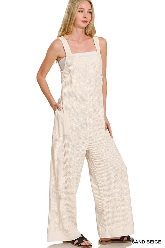 Sand Beige Zenana Knit Waffle Wide Leg Overalls 3