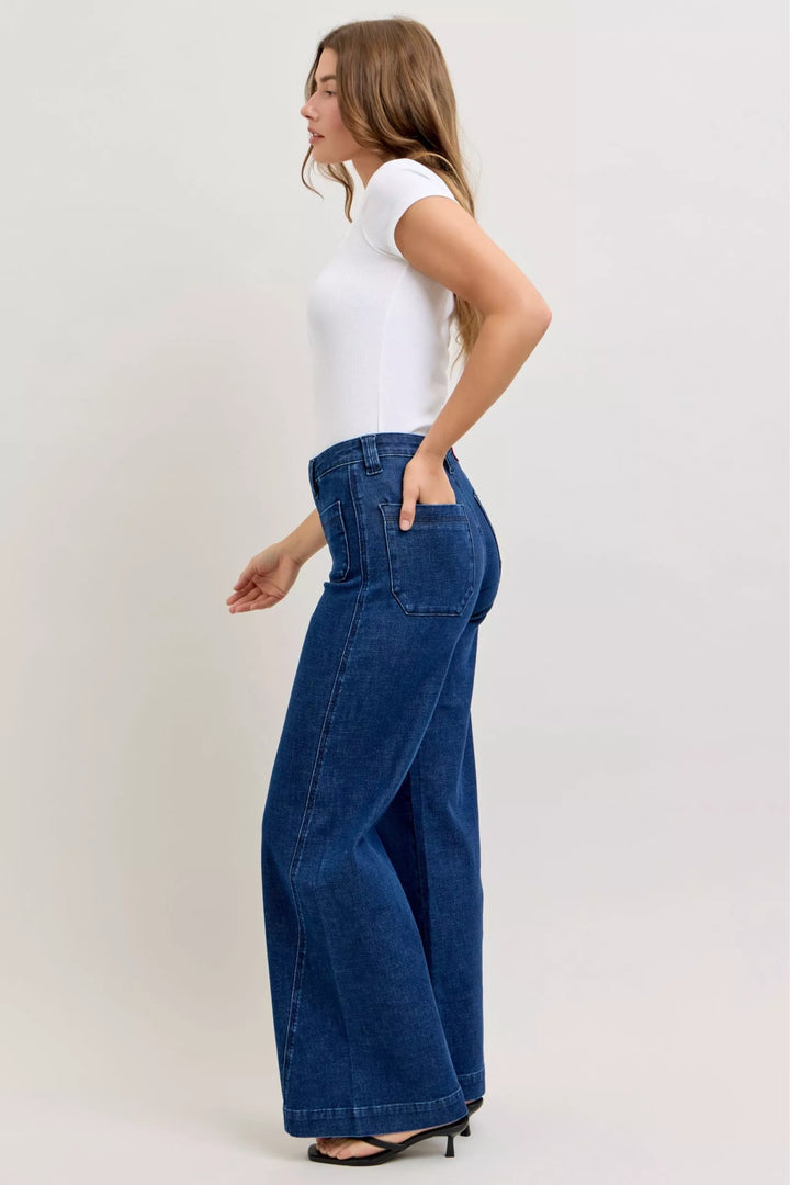 Dk Judy Blue High Waisted Retro Wide Jeans With Patch Pkts Twisted Seams
