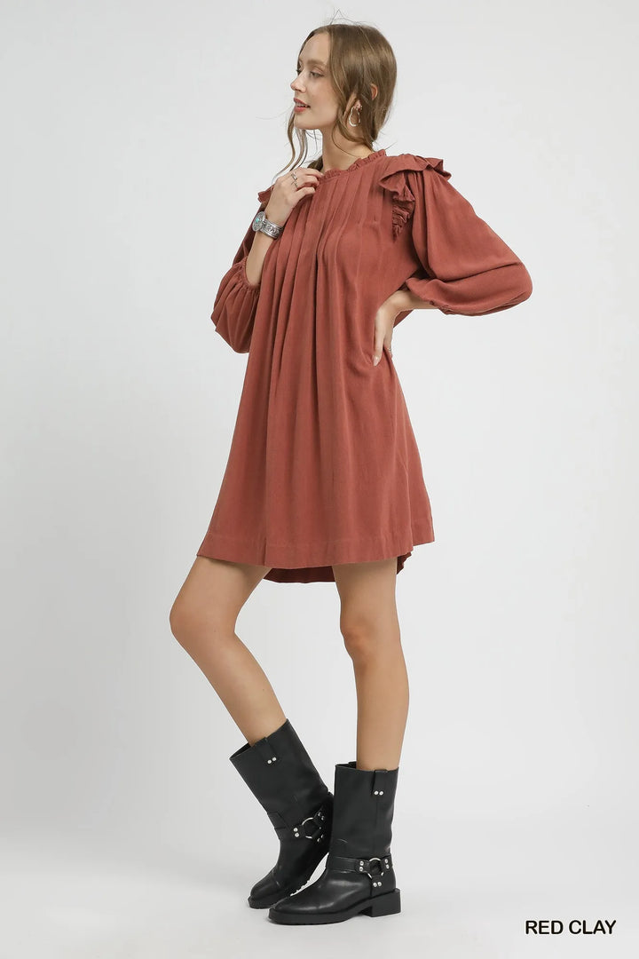 Umgee Linen Ruffle Shoulder Pleated Babydoll Dress 1