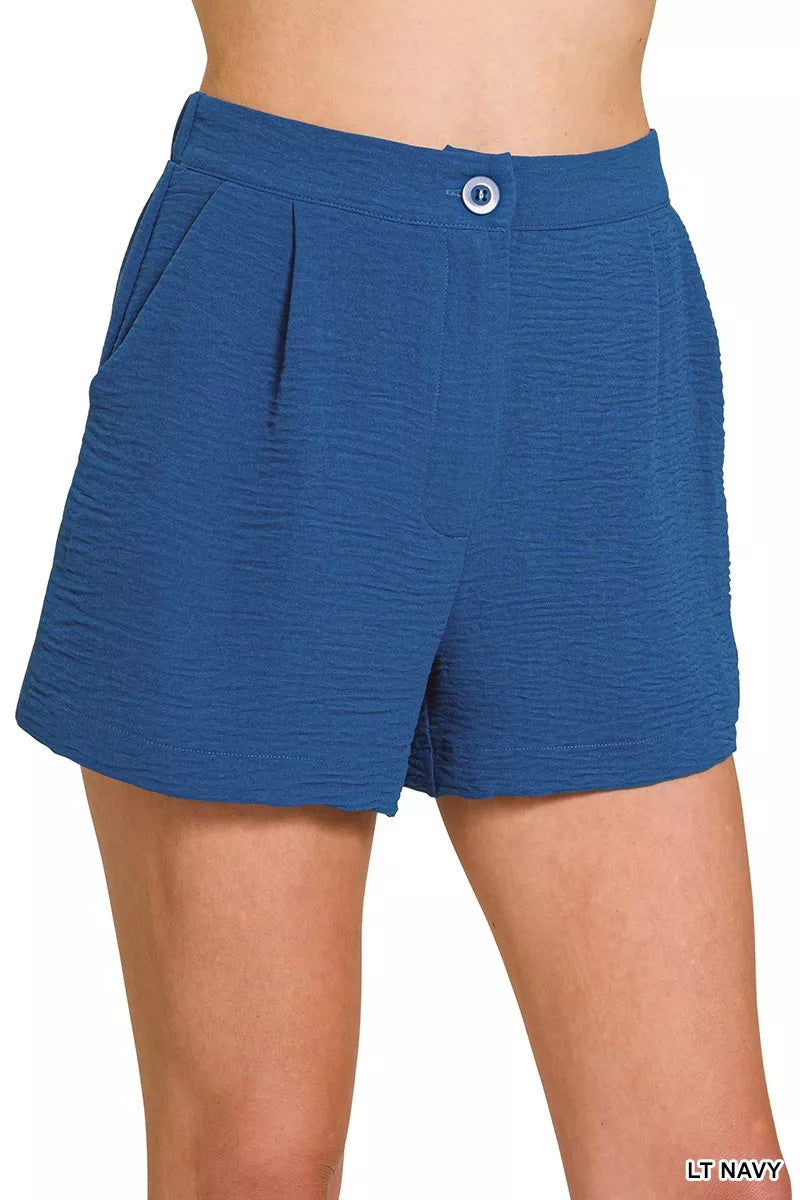 Lt Navy Zenana Woven Airflow Back Elastic Waist Shorts