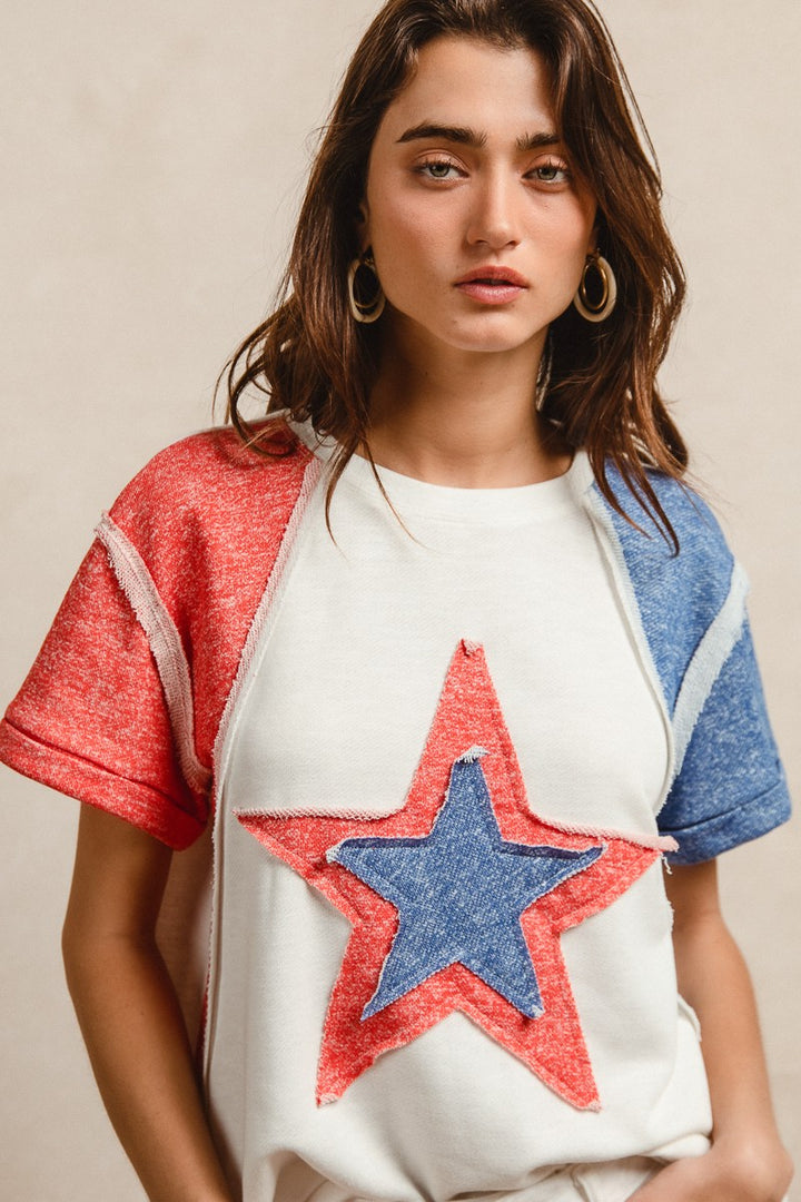 Bibi Contrast French Terry Cut Edge Detail Fourth Of July Theme T Shirt