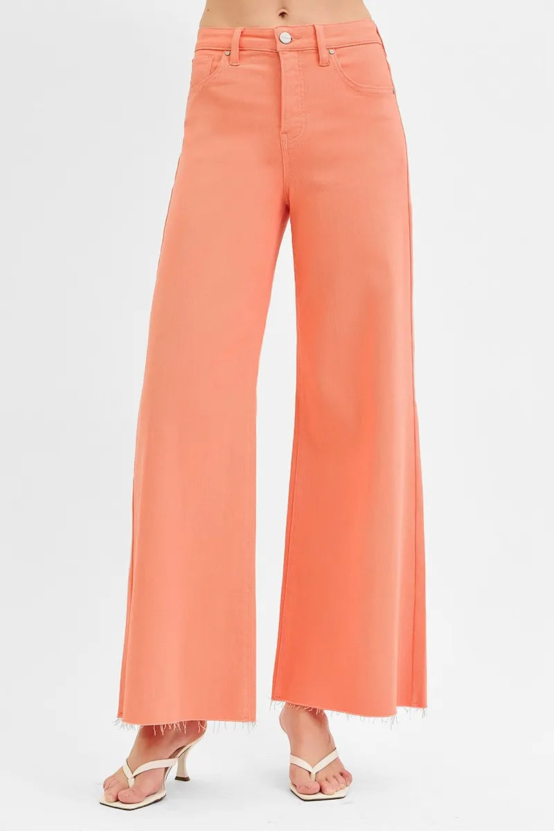 Coral Peach Risen Full Size Tummy Control High Rise Wide Leg Palazzo Jeans Plus Size