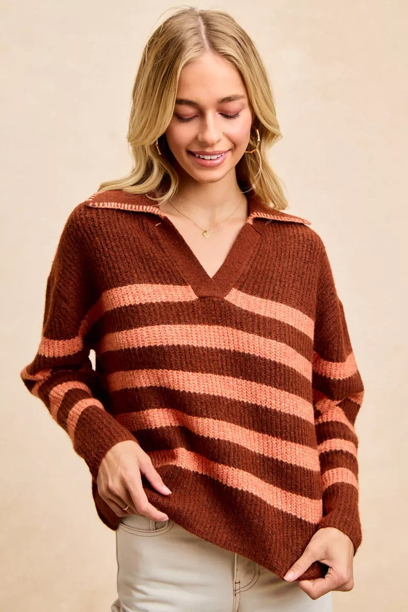 Brick/Terracotta Bibi Striped Sweater Top With Collar Stitched Details