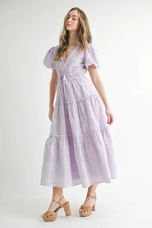 Mable Eyelet Lace Puff Sleeve V Neck Midi Dress 1
