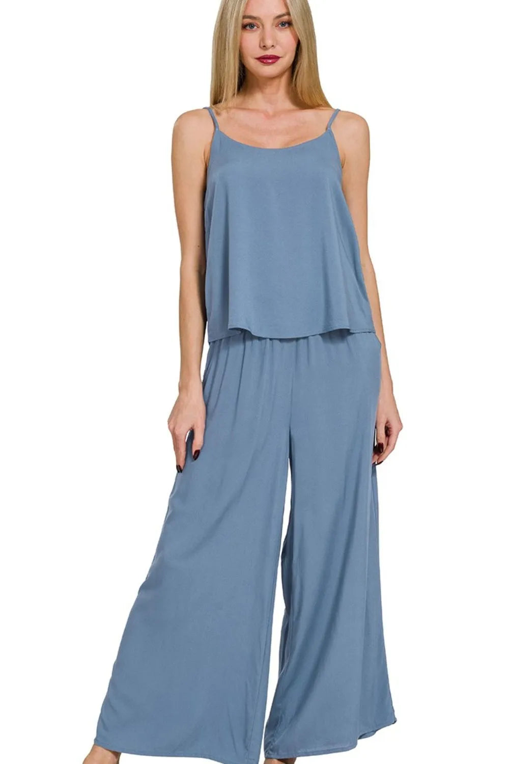 Dusty Blue Zenana Woven Cami Pants Set