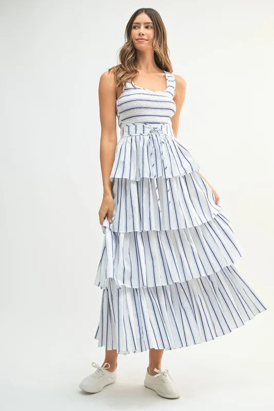 Off White Mable Pin Stripe Smocked Bodice Layered Midi Dress