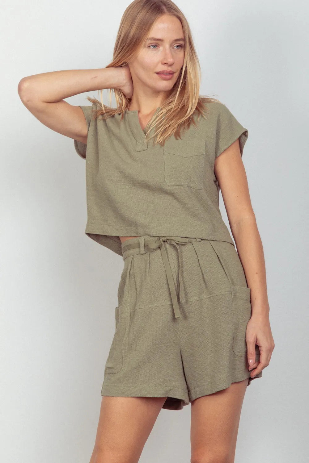 Sage Very J Woven Cropped Top Waist Tie Shorts Set