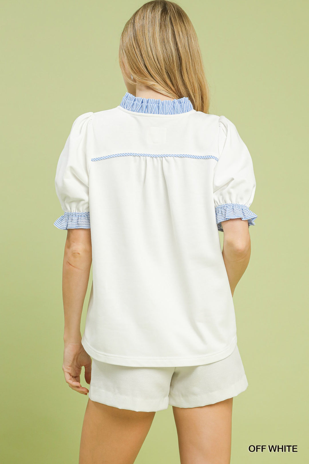 Off White Umgee French Terry Ruffle Trim Puff Sleeve Top