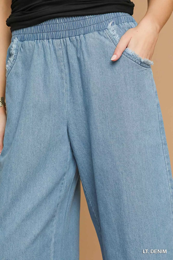 Umgee Washed Fringe Hem Wide Leg Jeans
