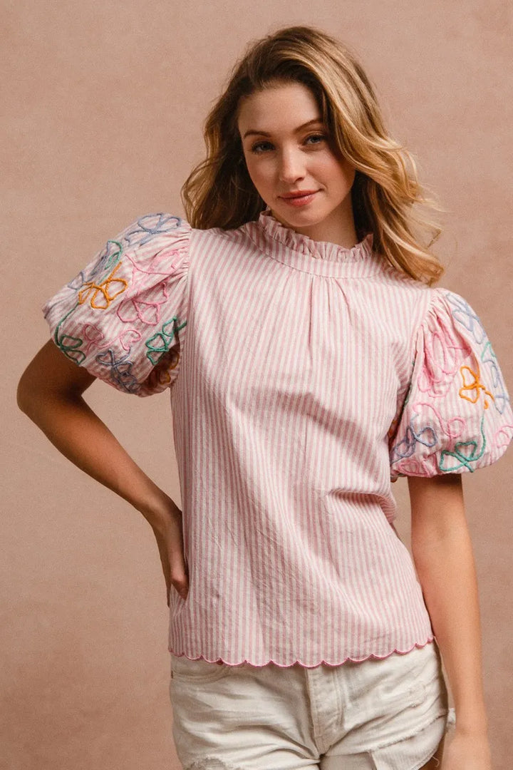 Rose Pink Bibi Embroidery Bubble Sleeve Top With Bottom Scallop Detail