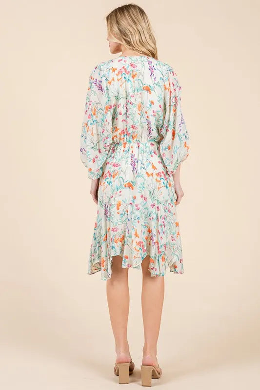 Lime N Chili Floral Cinched Waist Balloon Sleeve V Neck Dress