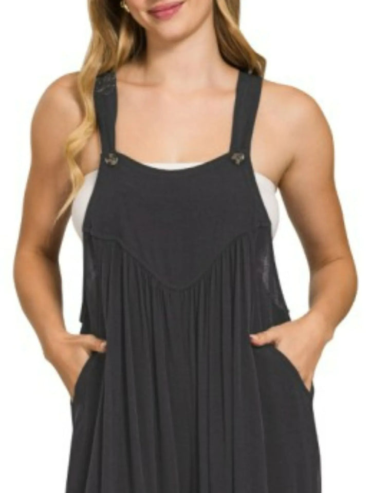 Black Zenana Woven Rayon Crepe Wide Leg Overalls