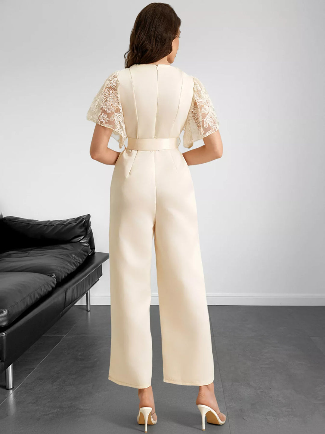 Lace Trim Belted Wide Leg Jumpsuit