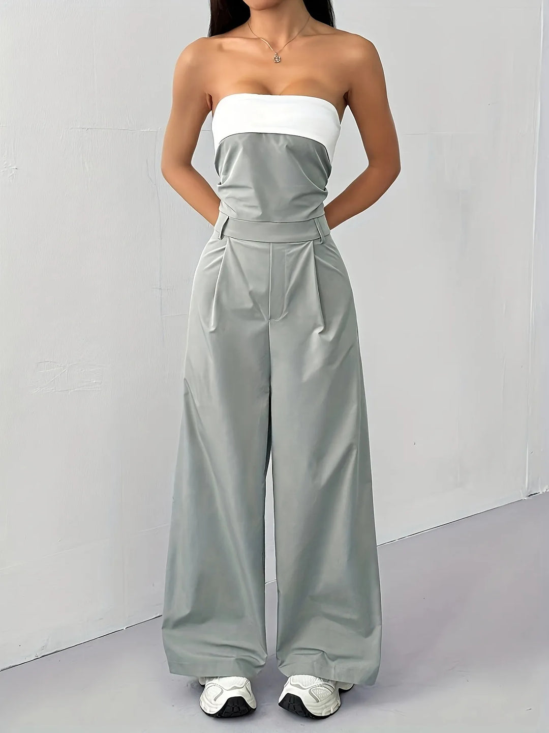 Sage Strapless Color Block Wide Leg Jumpsuit