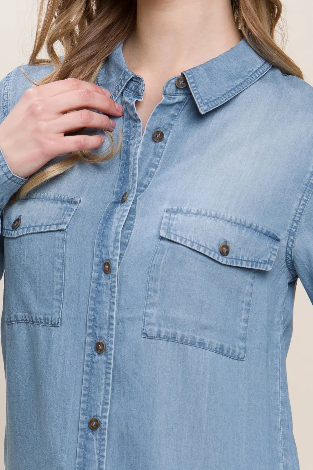 Blue Love Tree Scooped Hem Button Up Denim Shirt