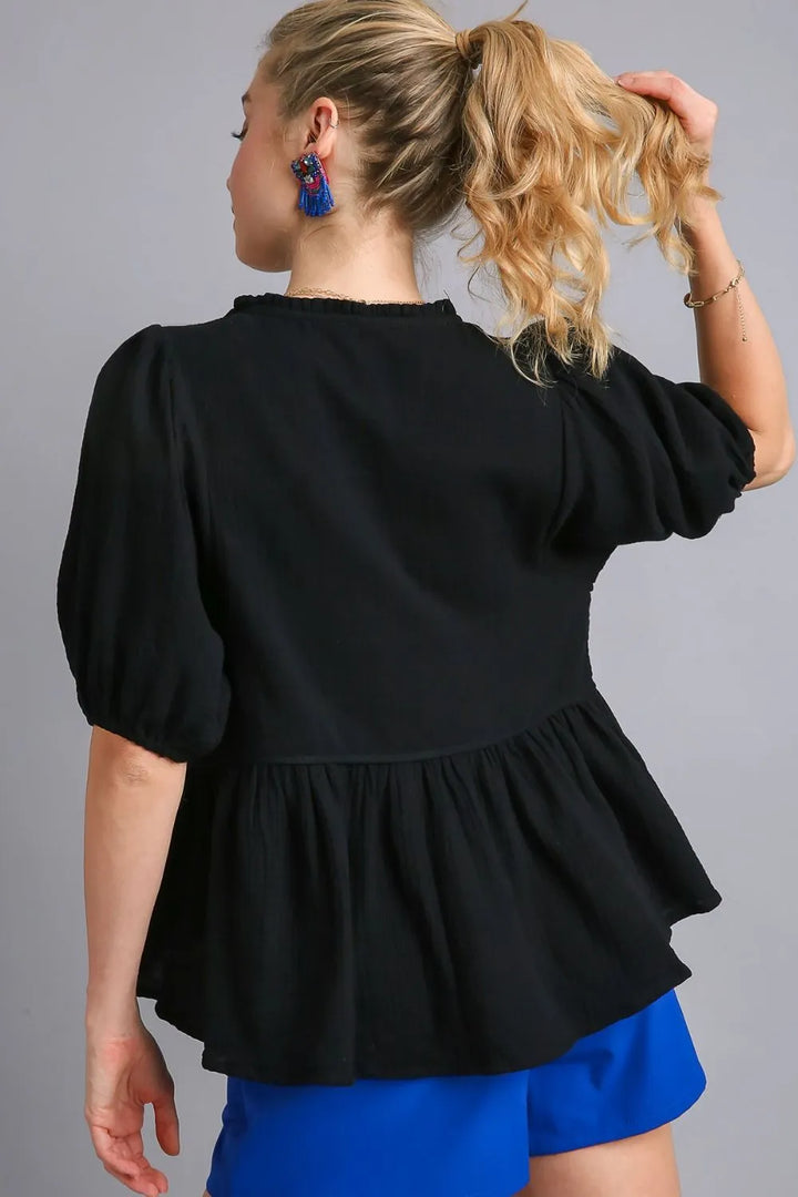 Black Umgee Full Size Cotton Gauze Floral Embroidery Babydoll Blouse Plus Size 1