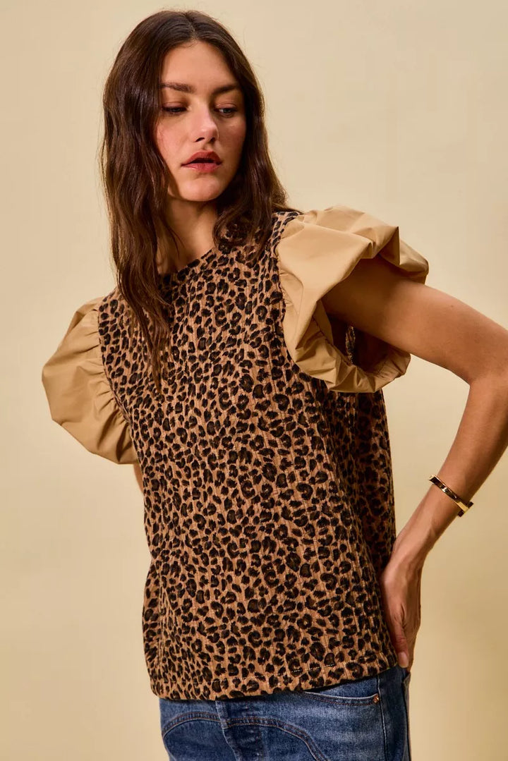 Leopard/Taupe So Me Leopard Pointelle Knit Top With Puff Sleeves