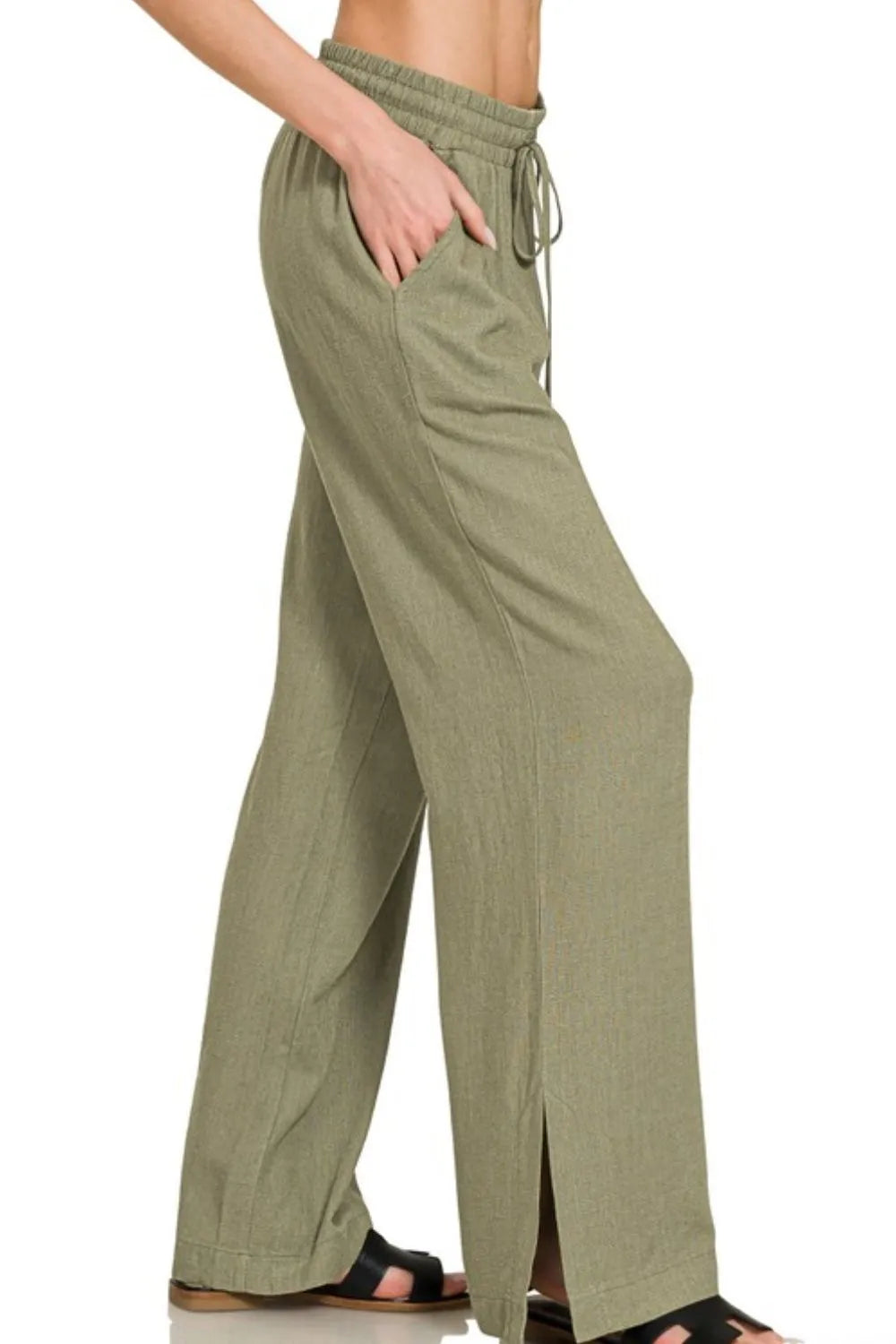 Lt Olive Zenana Linen Drawstring Pants 2