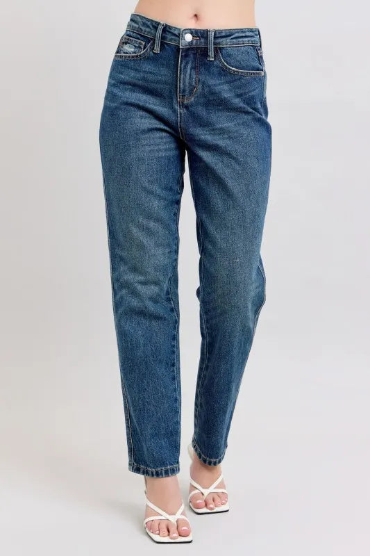 Dark Judy Blue Full Size High Waisted Rigid Magic Non Destroy Straight Leg Jeans Plus Size