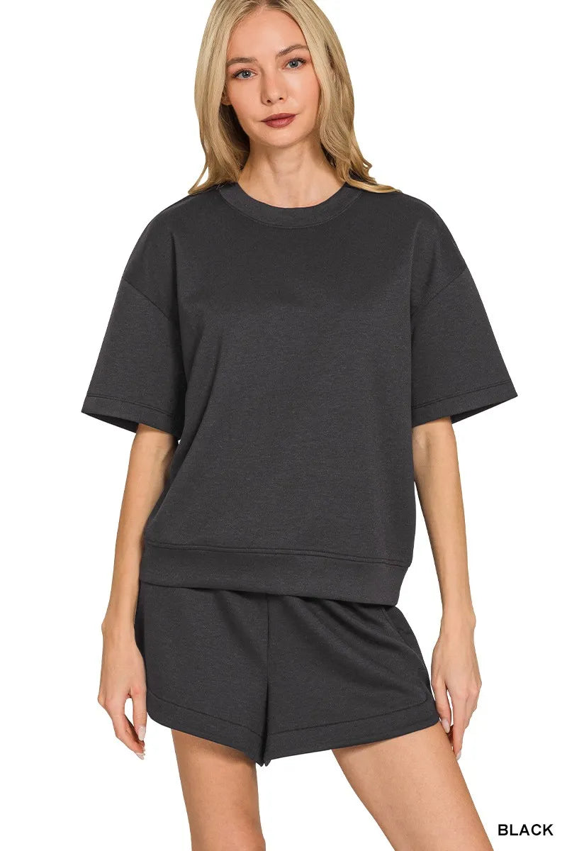 Black Zenana Scuba Short Sleeve Top Shorts Set 1