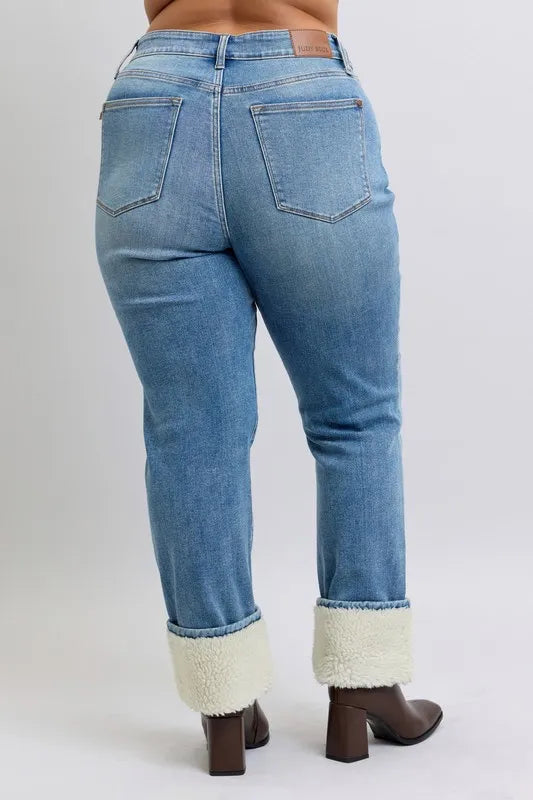 Md Judy Blue Full Size High Waist Shearling Cuff Straight Plus Size