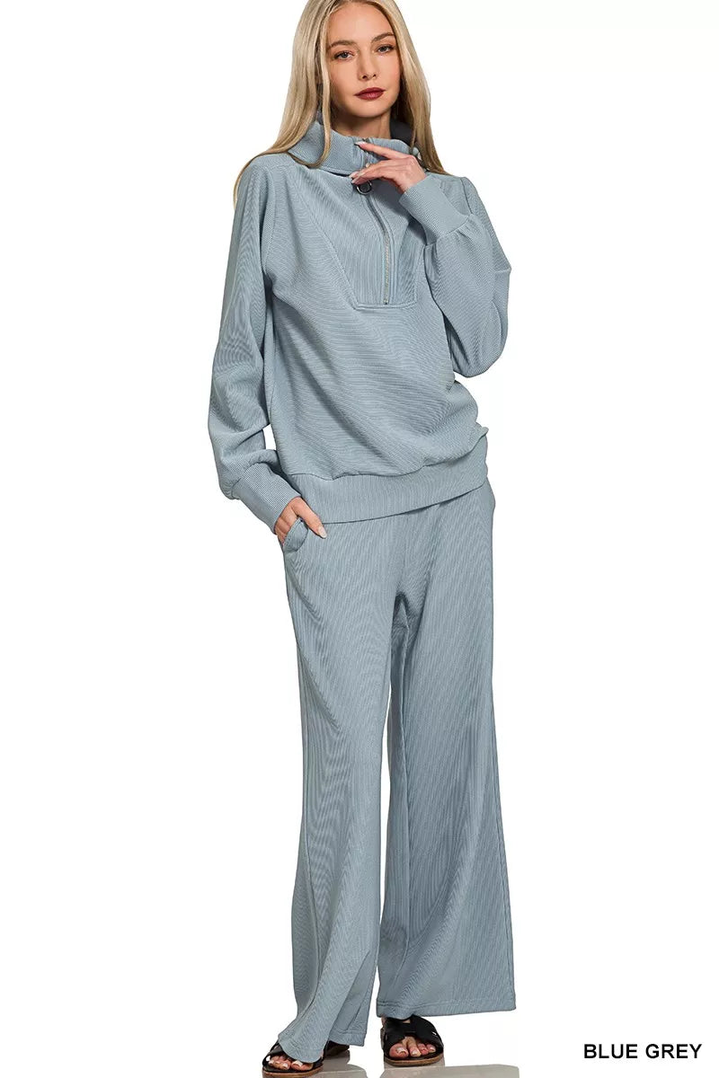 Blue Grey Zenana Ribbed High Neck Half Zip Pullover Pants Set