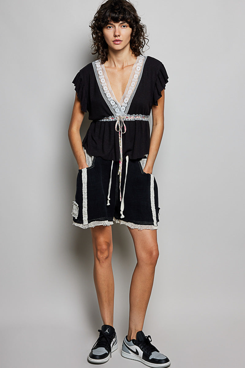 Pol Tied Ruffled V Neck Short Sleeve Blouse With Lace Detail