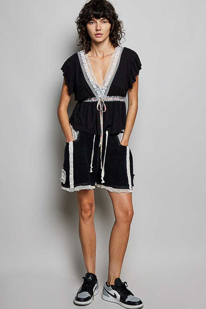Pol Tied Ruffled V Neck Short Sleeve Blouse With Lace Detail