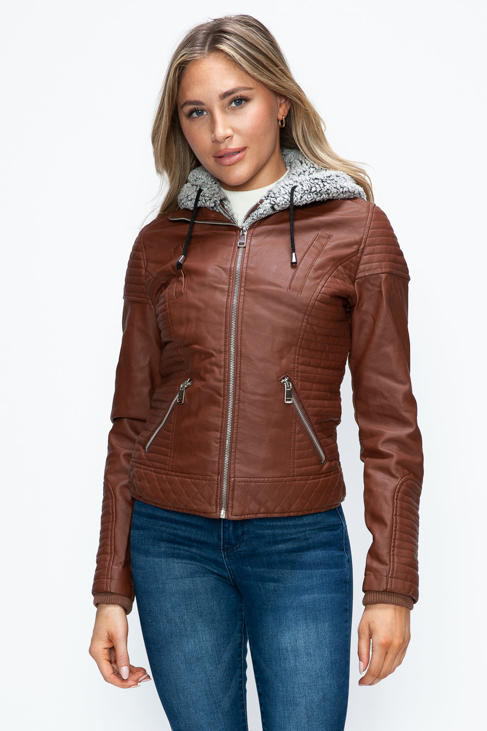 Brandy Ymi Faux Layered Double Zipper Jacket With Fuzzy Hood 5