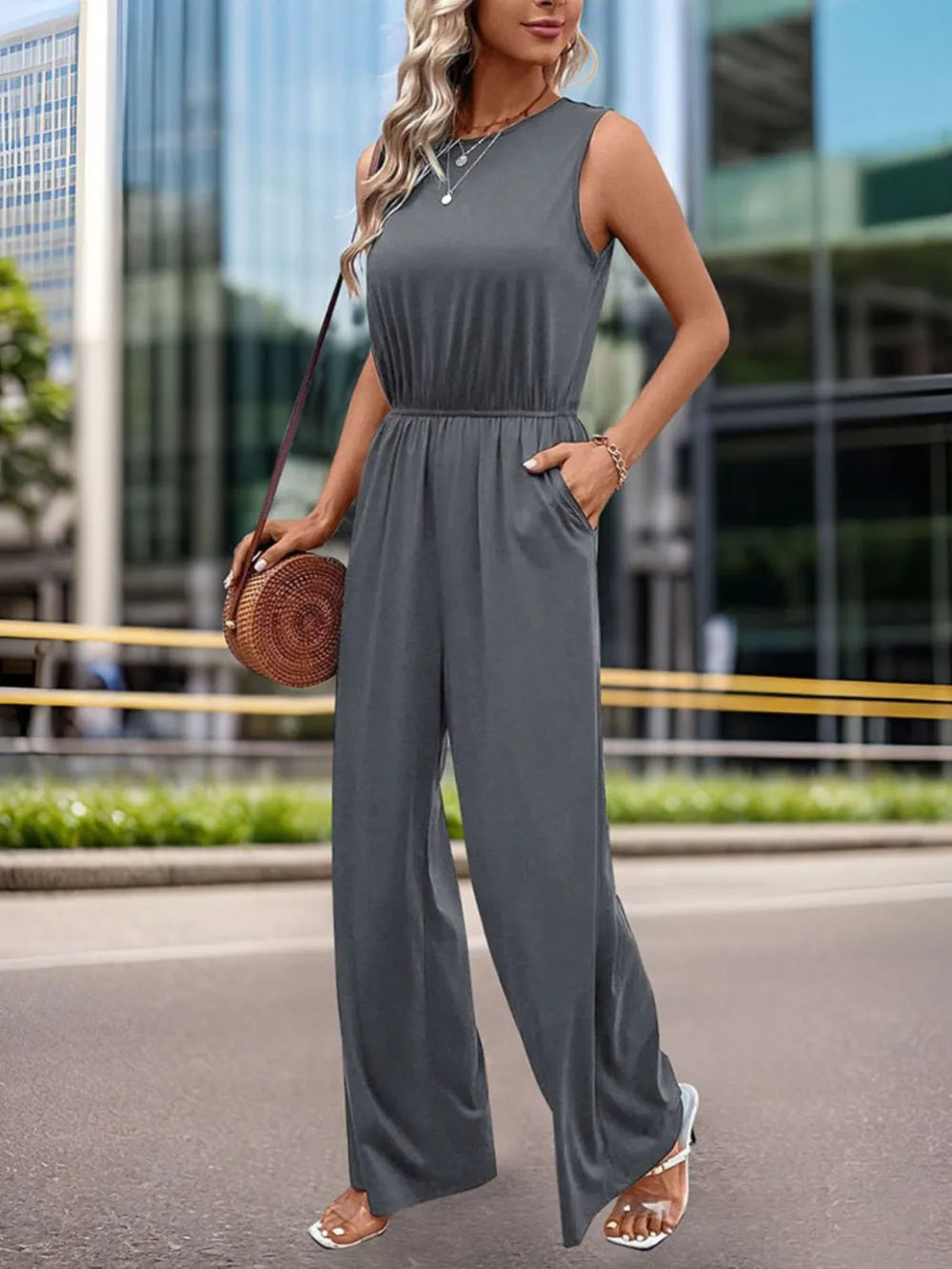 Dark Gray Perfee Round Neck Wide Leg Jumpsuit