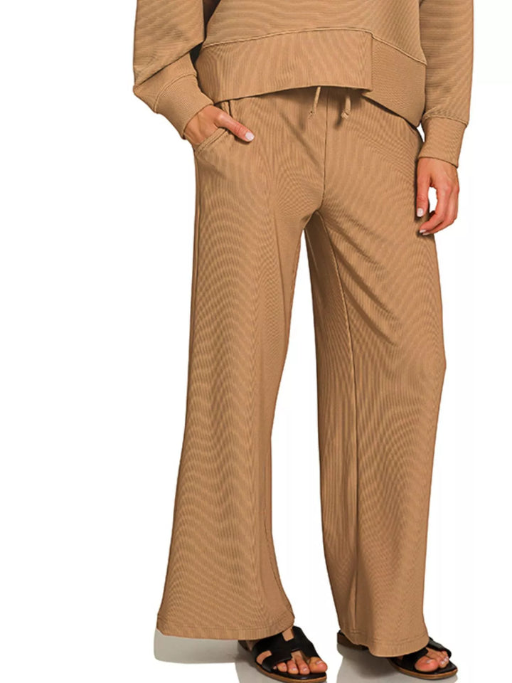 Deep Camel Zenana Ribbed Round Neck Pullover And Drawstring Pants Set 2