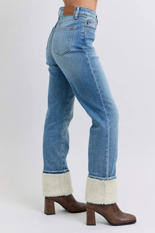 Md Judy Blue Full Size High Waist Shearling Cuff Straight Plus Size