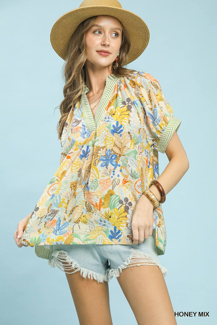 Honey Mix Umgee Mix Boho Printed V Neck Top 1