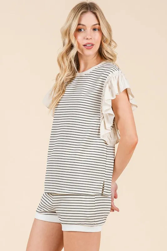 Lime N Chili Striped Ruffle Sleeve Round Neck Top Shorts Set