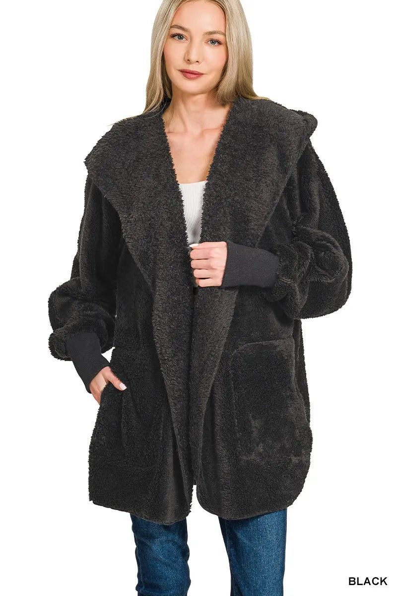 Black Zenana Hooded Faux Fur Jacket With Pockets