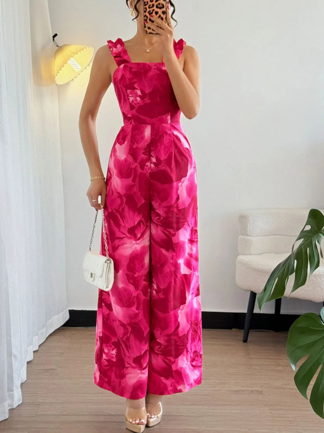 Floral Print Square Neck Wide Leg Jumpsuit