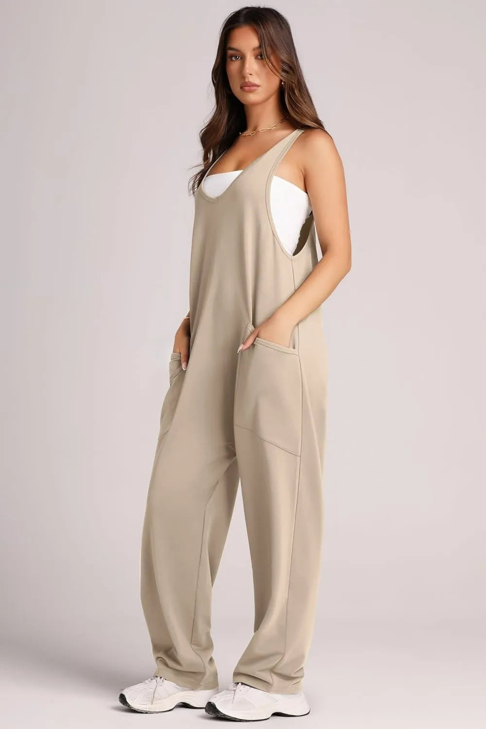Khaki Lovelet Wide Strap Jumpsuit With Pockets