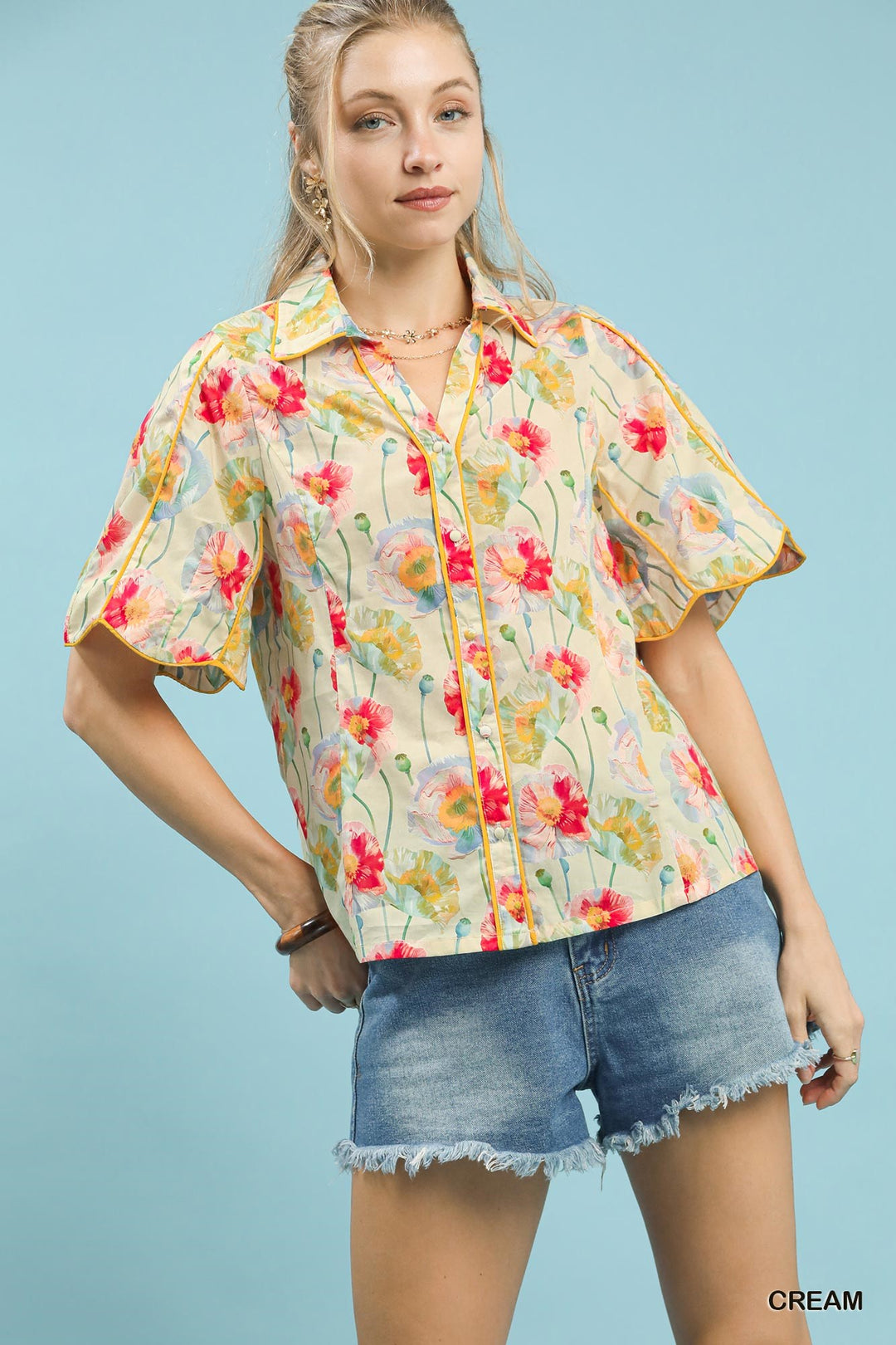 Cream Umgee Floral Print Button Down Blouse With Flutter Sleeves 1