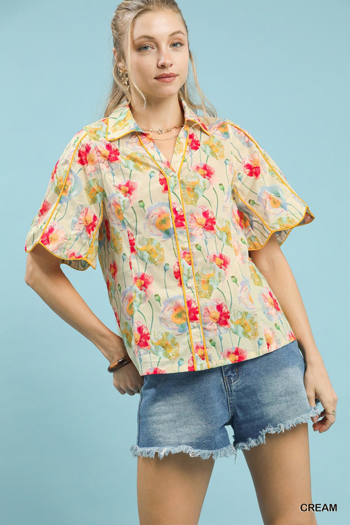 Cream Umgee Floral Print Button Down Blouse With Flutter Sleeves 1