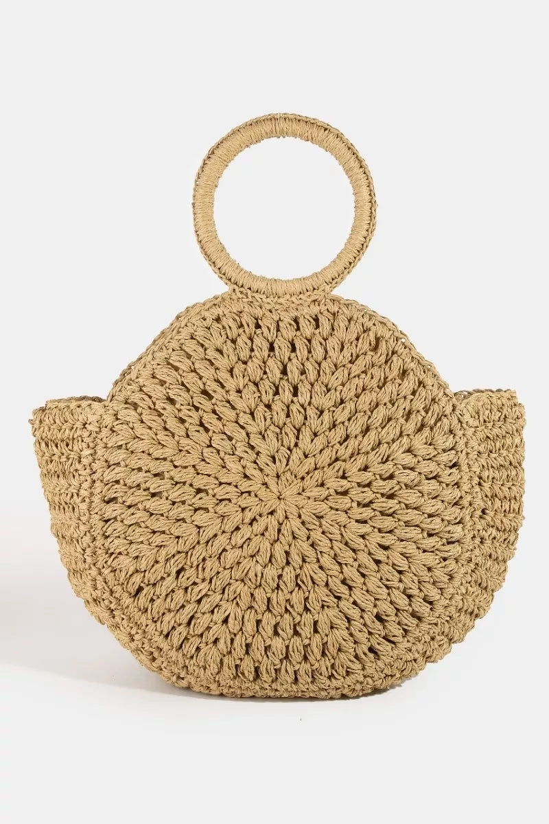 Ka Fame Circle Handle Circle Straw Braided Hand Bag