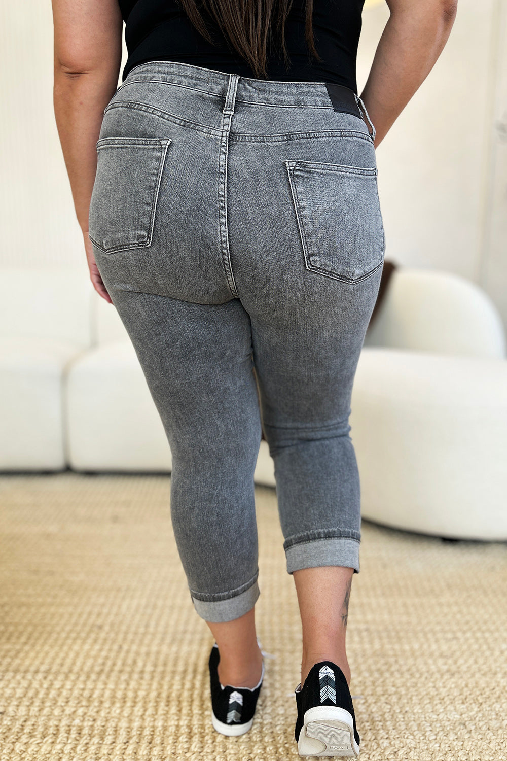 GRAY Judy Blue Full Size Button Fly High Waist Cuffed Capris