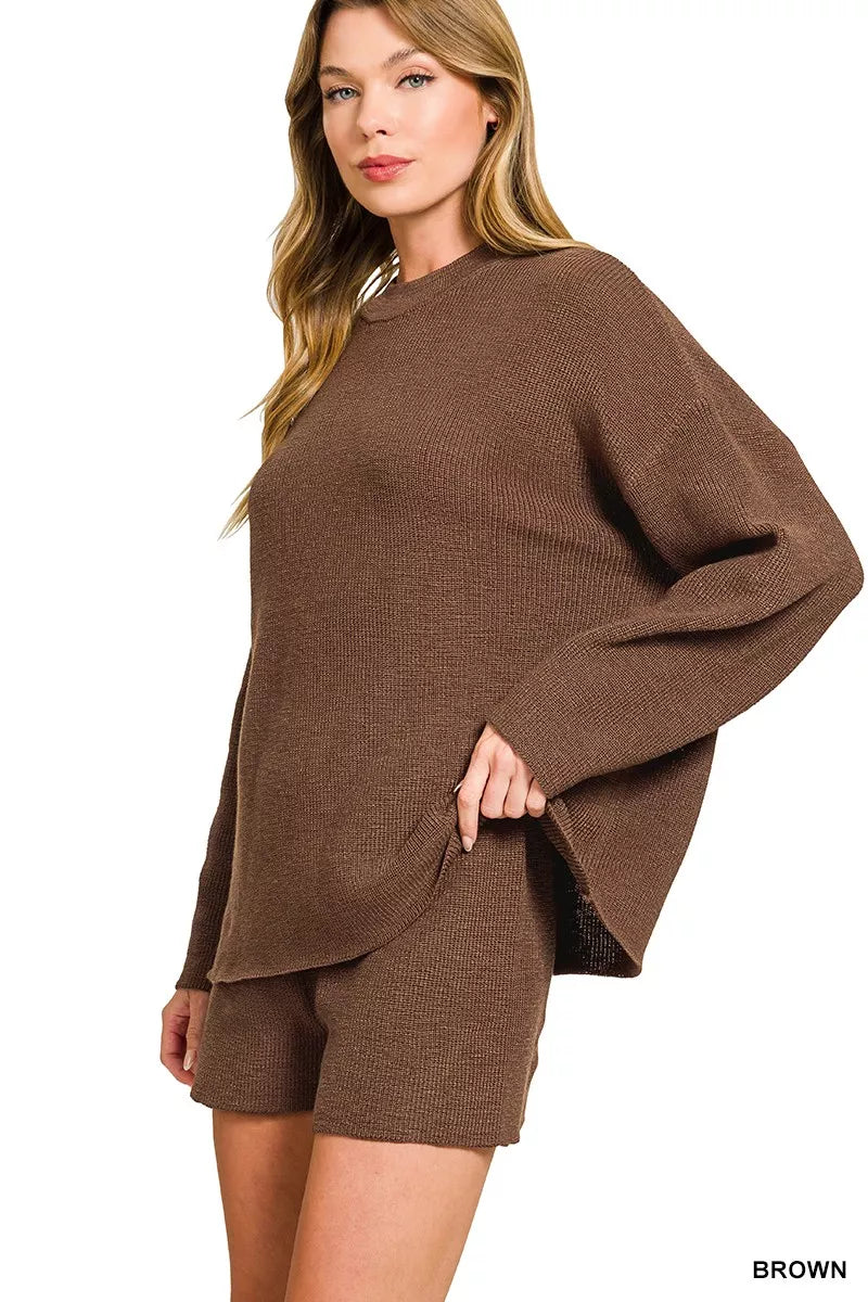 Brown Zenana Round Neck Knit Top And Shorts Sweater Set 6