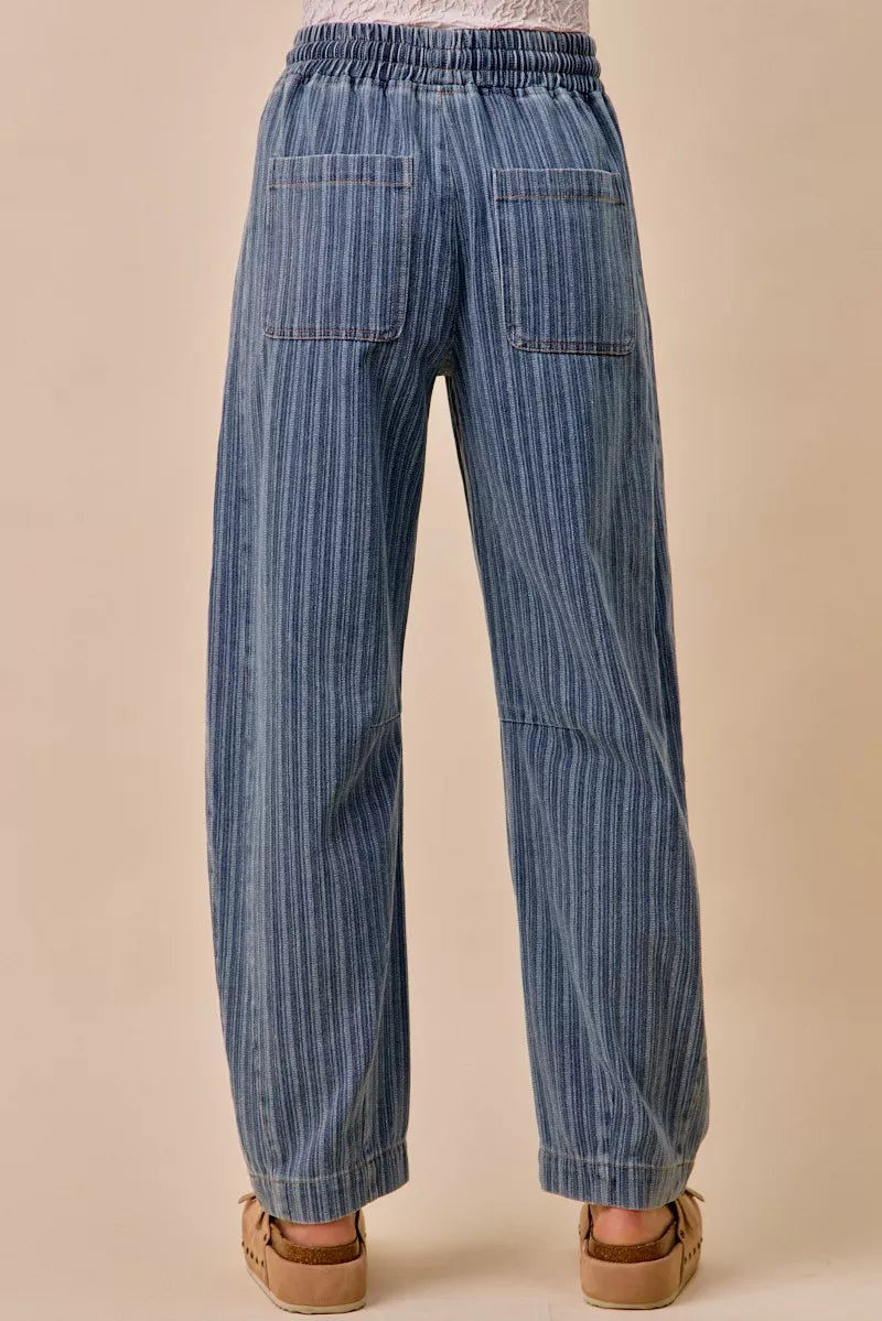 So Me Stripe Denim Barrel Jeans Drawstring Waistband